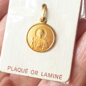 Vintage French Jesus Heart pendant gold plated, Jesus and Mary catholic medal, Sacred Heart of Jesus devotion religious gift