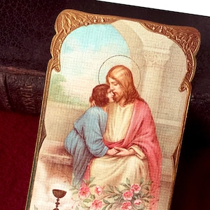 Image pieuse Jésus vintage français communion, catholique carte prière ancienne, Sacrement Communion 1914, carte religieuse missel
