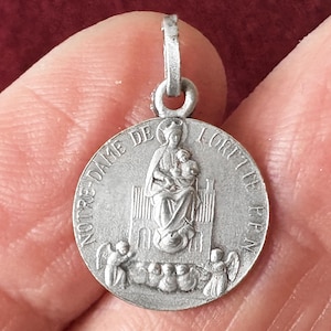 Vintage French Mary pendant Our Lady of Loreto, Virgin Mary pilgrimage medal souvenir, Mary devotion gift, silver metal