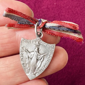 Rare Vintage French Mary pendant, Virgin Mary religious medal of Maria Mediatrix&quot;, Blessed Mother medallion signed by Augis, silver metal