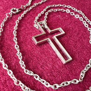 Vintage French silver tone cross pendant, catholic cross medal with silver metal chain collection gift