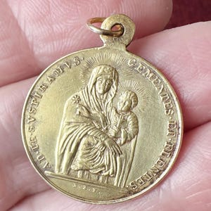 Rare Antique French Mary pendant, Mother Mary catholic brass medal, SALVE REGINA pendant 1860s w Pope Pius IX on back, Mary devotion gift