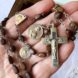 Antique French catholic rosary w corozo prayer beads, vintage Lourdes rosary w 3 brass medals, 5 decades, Mary devotion rosary gift