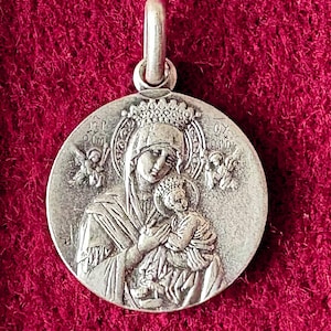 Vintage French Mary Jesus catholic pendant, Mary medal Our Lady of Perpetual Help, Mother Mary devotion medallion charm gift, silver metal