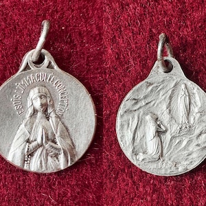 Antique French Mary pendant Lourdes, vintage Virgin Mary catholic medal Immaculate Conception, Our Lady of Lourdes medal, Mary devotion gift