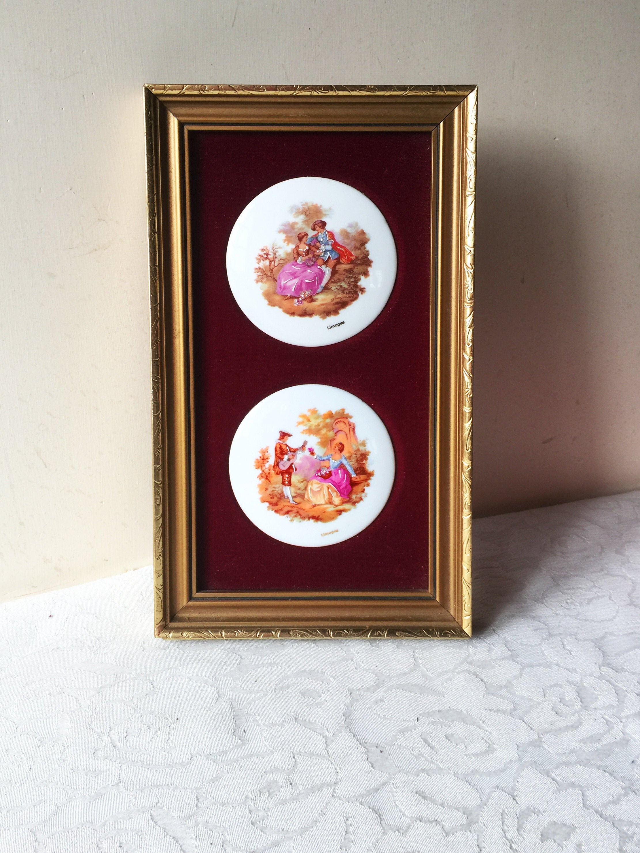 Cadre Porcelaine de Limoges, Médaillons Encadrés, Cadre Doré Orné, Fragonard, Courtisans, Style Vict