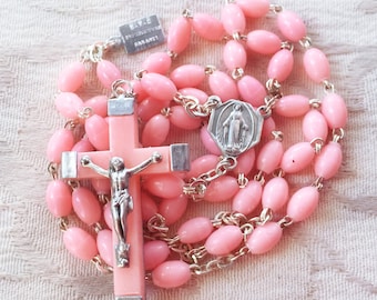 Vintage french Virgin Mary catholic prayer rosary, pink rosary with Blessed Mother medal, women religious necklace, religious gift