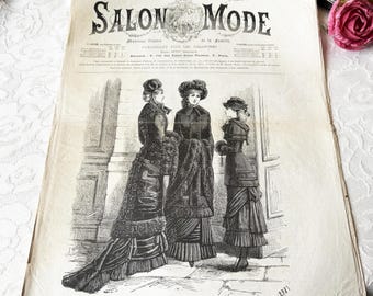 Antique French journal w Victorian Edwardian Fashion 1880,  &#39;Le Salon de la Mode&#39; old fashion pages w Parisian Magazine Cover, reference