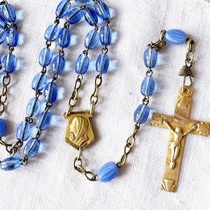 Antique French Mary Blue Rosary gold plated, vintage Mary catholic rosary 5decades w Blue glass prayer beads, Mary devotion Gift