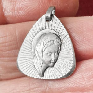 Vintage French Mary catholic pendant, Virgin Mary medal of Abbey of Maredsous in Belgium, silver metal, Mary devotion gift
