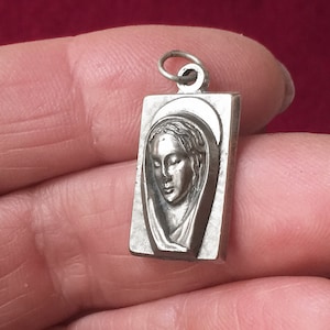 Vintage Mary catholic pendant w Mary & Jesus Heart on the back, silver metal Mary religious medal charm, made in Italy, devotion gift