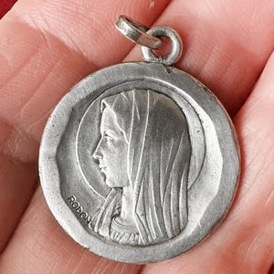 Vintage French Mary large pendant, catholic medal of Virgin Mary signed by Rodon, Marian devotion medal gift