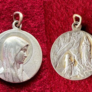 Antique French Mary pendant Lourdes, Mary catholic medal Our Lady of Lourdes signed by OBC,  Immaculate Mary devotion gift collection