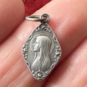 Antique French Mary pendant silver metal, vintage Mary Lourdes medal, catholic charm of the  Immaculate Conception, Mary devotion gift