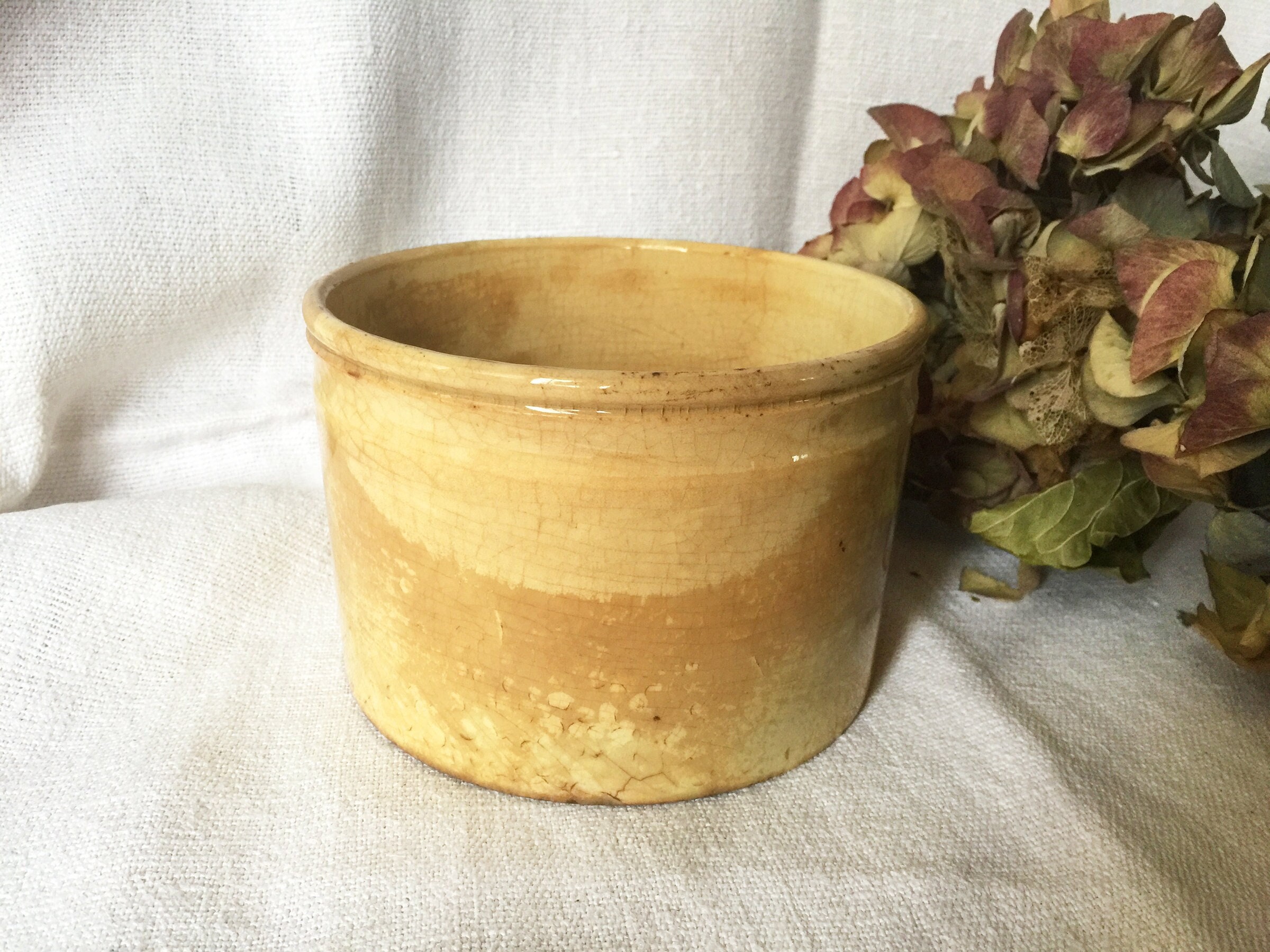 Pot à Confiture ou Confit Vernissé Ancien Français, Pot Antique Taché de Thé en Porcelaine Opaque Gi