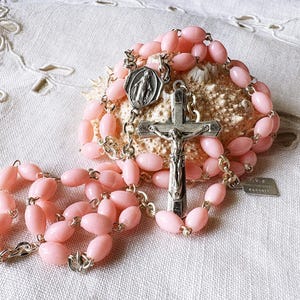 Vintage French Mary pink rosary, catholic prayer rosary w miraculous medal and pink prayer beads,  Mary devotion gift for women