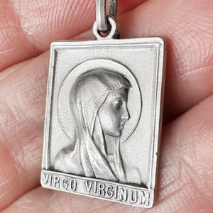 Vintage French Mary pendant catholic, antique Mary medal Virgo Virginum, Mother Mary devotion gift, silver metal