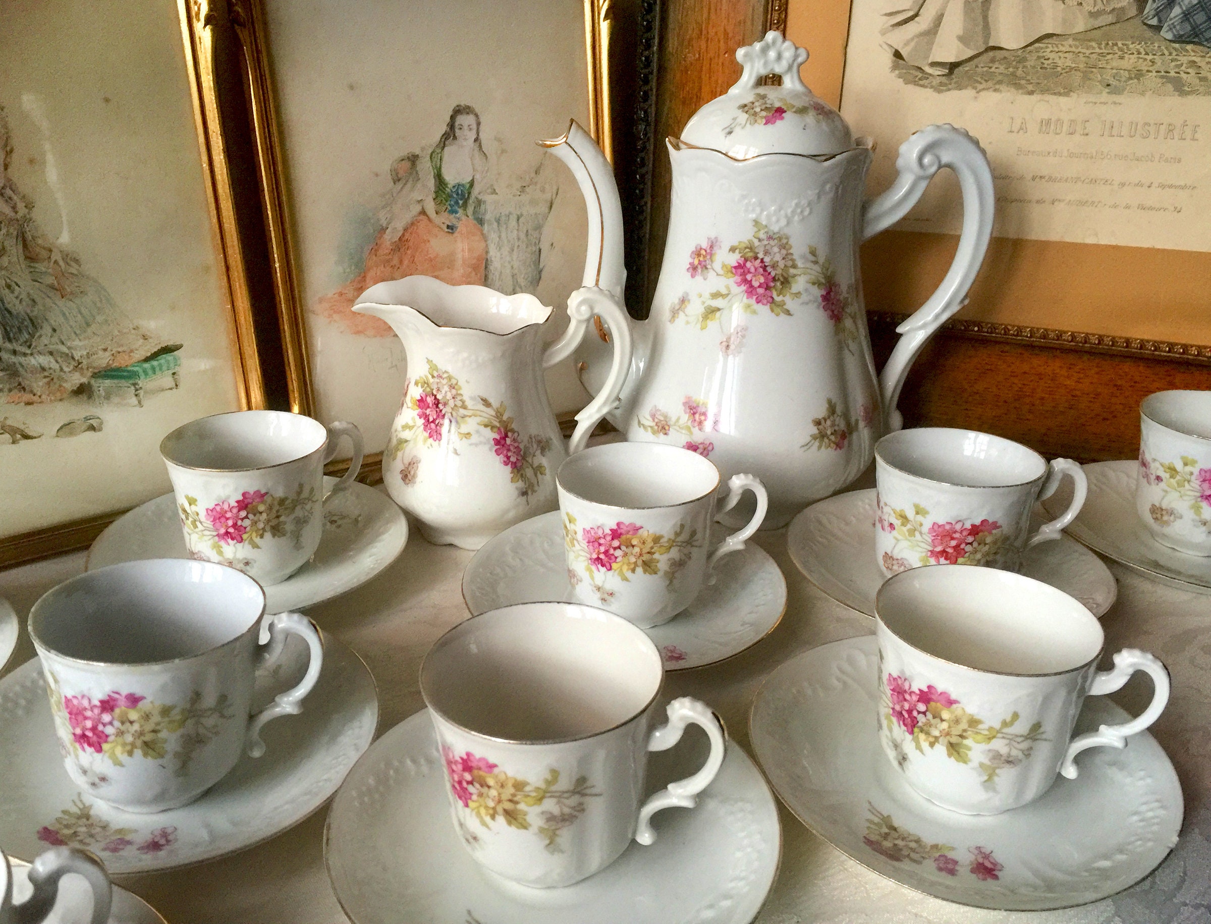 Limoges Porcelaine Ancien Service à Café Thé Française Florale Ensemble 9 Tasses avec Soucoupe Cafet