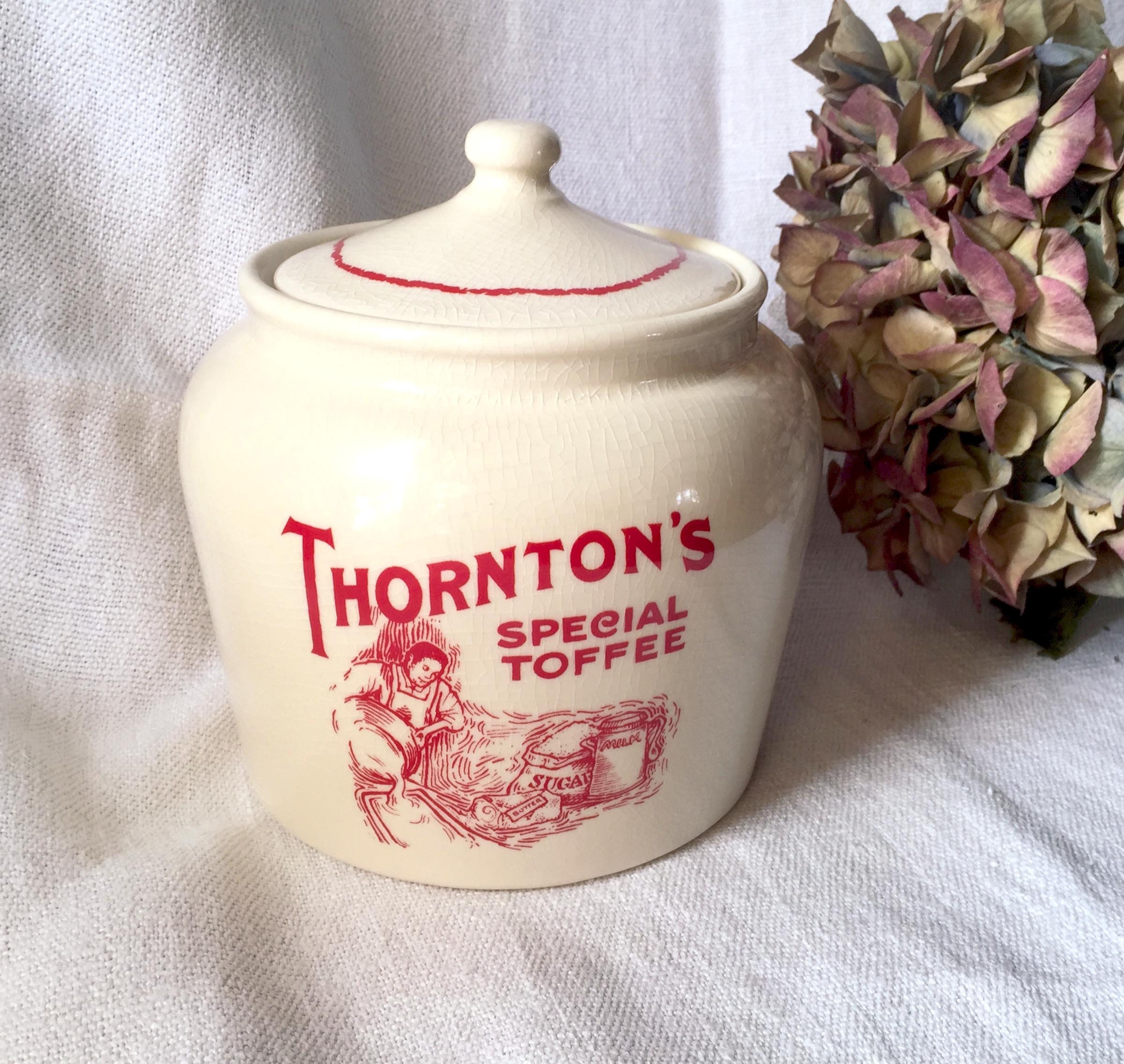 Pot de Conservation Vernissée Vintage Céramique Anglaise, Thorntons Special Toffee, Pot Publicitaire