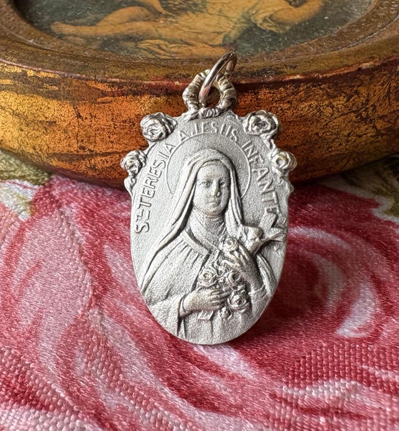 Antique French St. Therese Medal, Little Flower Catholic Pendant, Souvenir of Lisieux