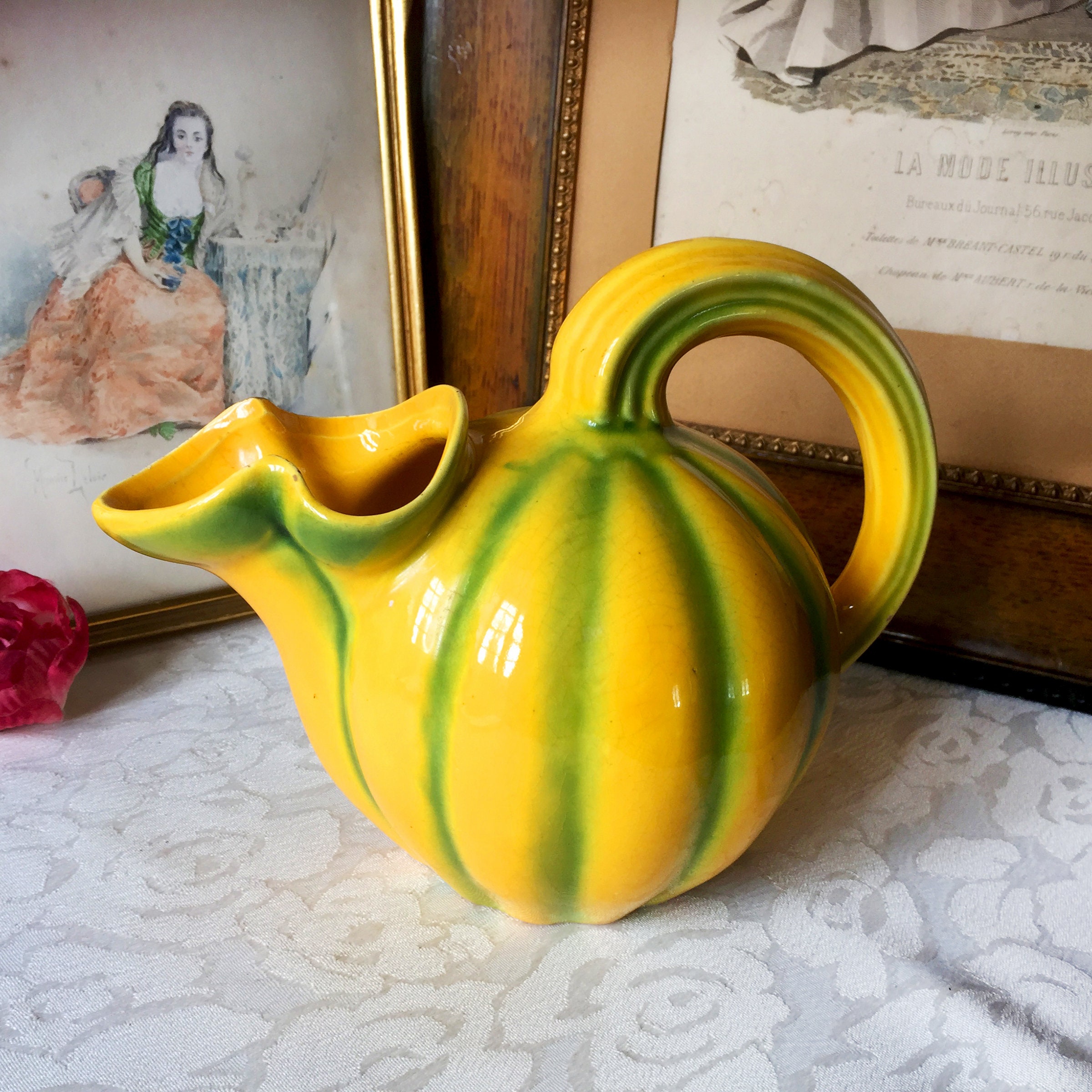 Vintage Français Pichet à Eau en Barbotine Céramique Forme Melon Citrouille Jaune Vert Ancien Collec