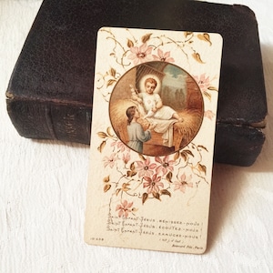 Image pieuse Jésus crèche vintage français, carte religieuse Nativité, image sainte prière Noël catholique, carte missel collection cadeau