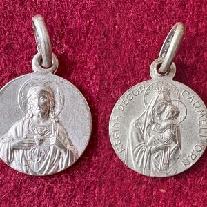 Vintage French Jesus pendant, Sacred Heart of Jesus catholic medal, antique Jesus Mary Virgin of the Carmel pendant gift, Mary devotion gift