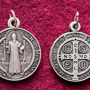 Saint Benedict pendant w Benedict cross, vintage catholic Saint protection medal of Benedict of Nursia, Patron Saint charm silver tone metal
