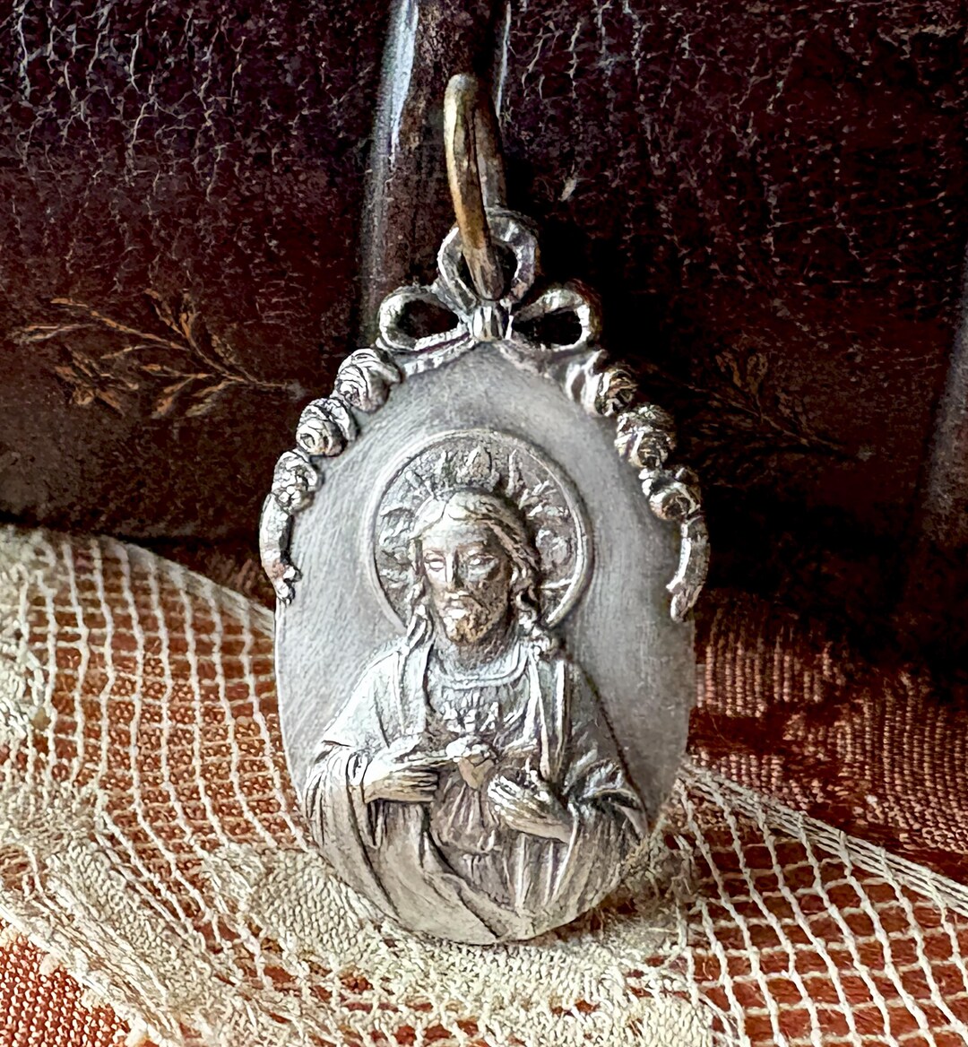 Antique French Sacred Heart of Jesus Medal, Vintage Catholic Pendant ...