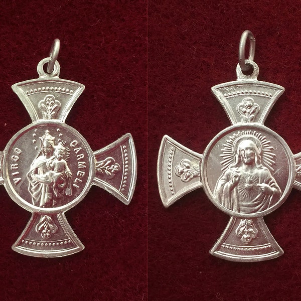 Grande médaille religieuse Vierge Marie vintage français et Jésus Sacré Coeur, pendentif catholique aluminium Marie Jésus, collection