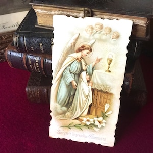 Antique French communion holy card w Angel, catholic religious card vintage 1901, mass book  card gift collection