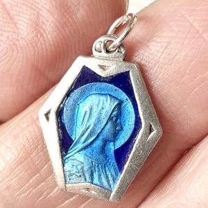 Antique French Mary sterling silver pendant and blue enamel, vintage Mary catholic medal Art Deco, Mother Mary devotion gift