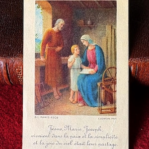 Image pieuse Sainte Famille vintage français, carte religieuse catholique Jesus Marie Joseph, illustration Azambre, carte missel collection