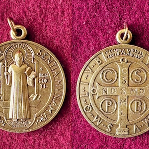 Saint Benedict Bronze large Medal, Vintage Catholic Protection Pendant