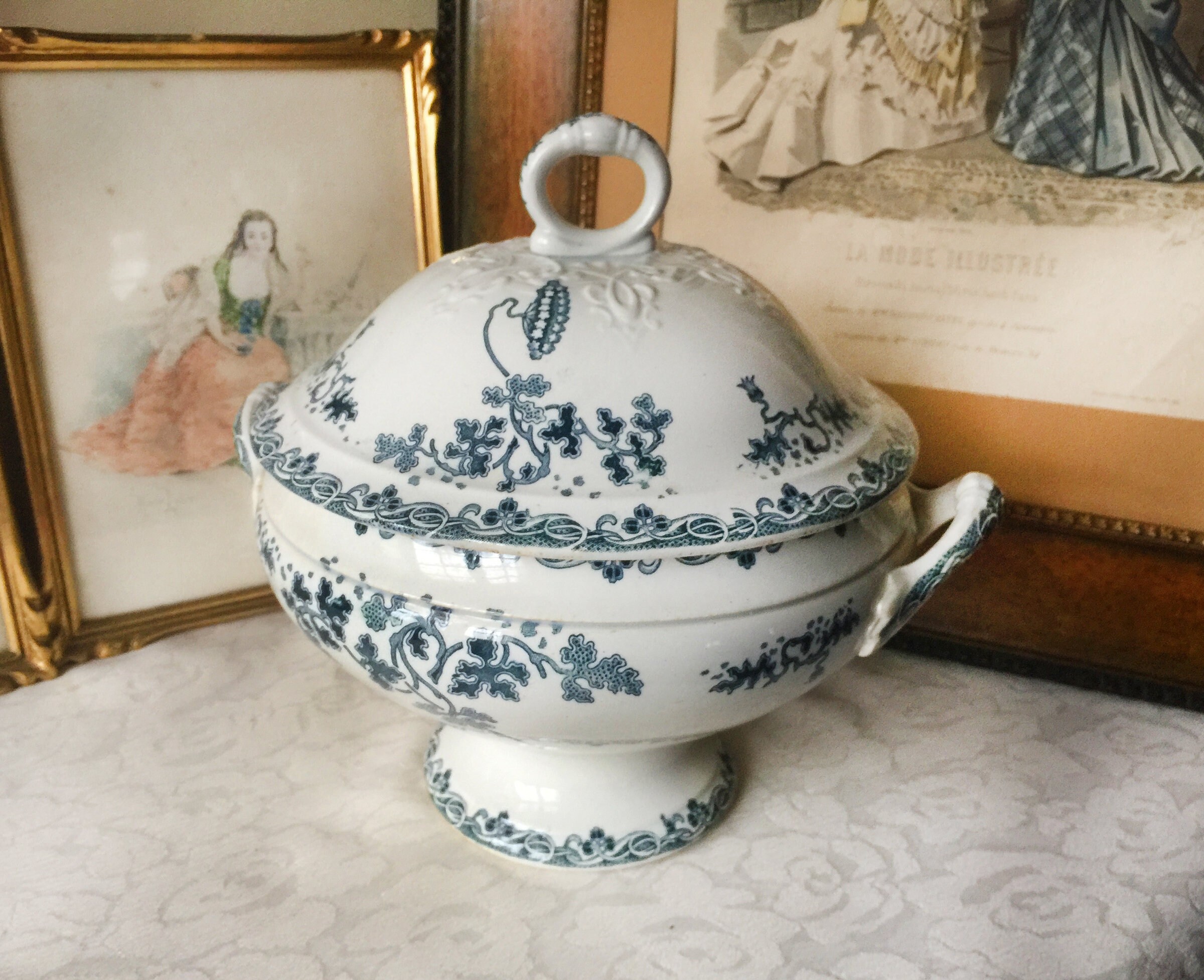 Antique French Poppy Soup Tureen White and Blue Ironstone Romantic