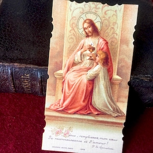 Image pieuse Jésus vintage catholique, carte prière communion française, carte religieuse ancienne Première communion, carte missel cadeau