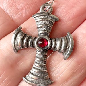Vintage Templar cross pendant silver metal w red bead, Byzantine Christian cross medal gift