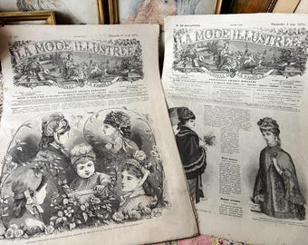 1879 Revistas de moda francesas antiguas x 2, revista femenina La Mode Illustrated, trajes victorianos