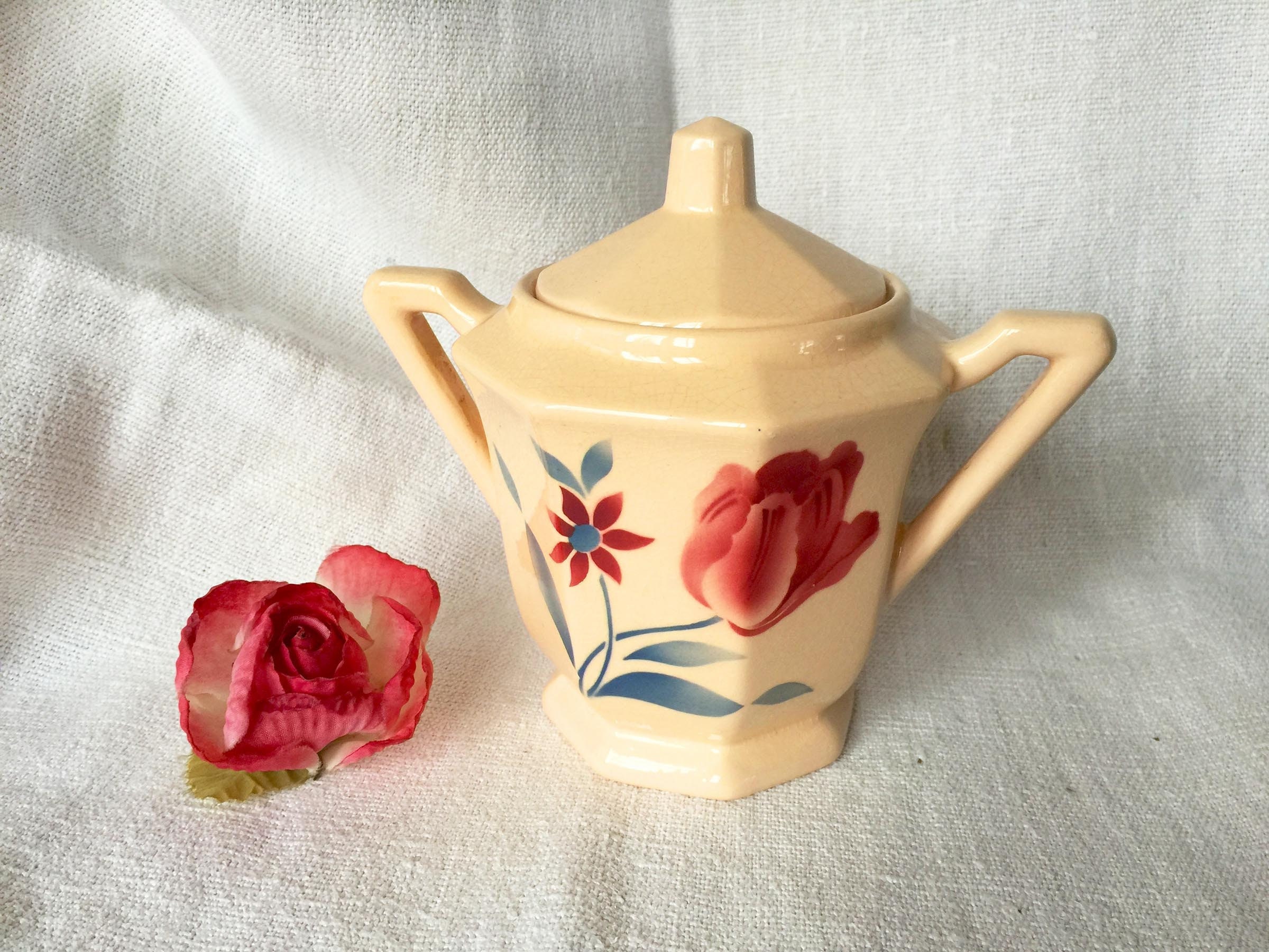 Vintage Français Grand Sucrier en Céramique Faïence Digoin avec Décor Rose Floral Style Campagne