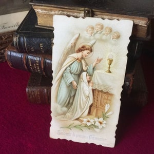 Vintage französische Karte Engel, antike religiöse Karte 1901, katholische Kommunionkarte, Massenbuchkarten-Geschenksammlung