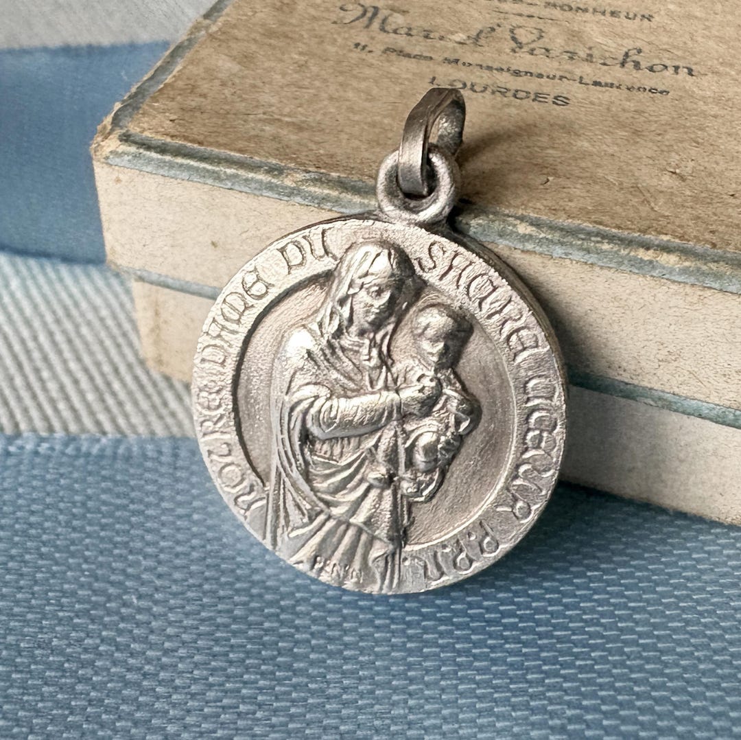 Antique French Virgin Mary Medal, Our Lady Sacred Heart Pendant Signed ...
