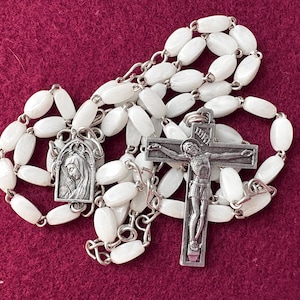 Vintage Mary white catholic rosary, white prayer rosary w  5 decades and Mary medal, 1st rosary,  communion Mary devotion gift