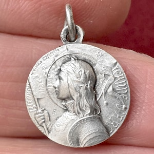 Antique French Saint Joan of Arc Medal Pendant, catholic Saint Signed Silvered Charm