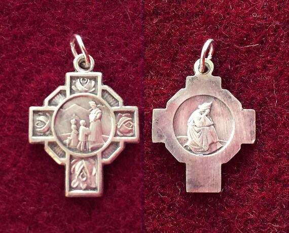 Antique french Virgin Mary religious medal cross … - image 1