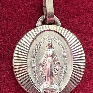 Vintage French Virgin Mary pendant, catholic antique Mary miraculous medal, Mother Mary protection medal gift, silver metal