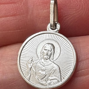 Vintage French Jesus Heart pendant, catholic medal Sacred Heart of Jesus made in silver, unwear Jesus and Mary charm, Communion gift