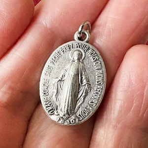 Vintage French Mary catholic religious medal, Mary Lady of Graces large pendant silver tone metal, protection medal, Miraculous medal gift
