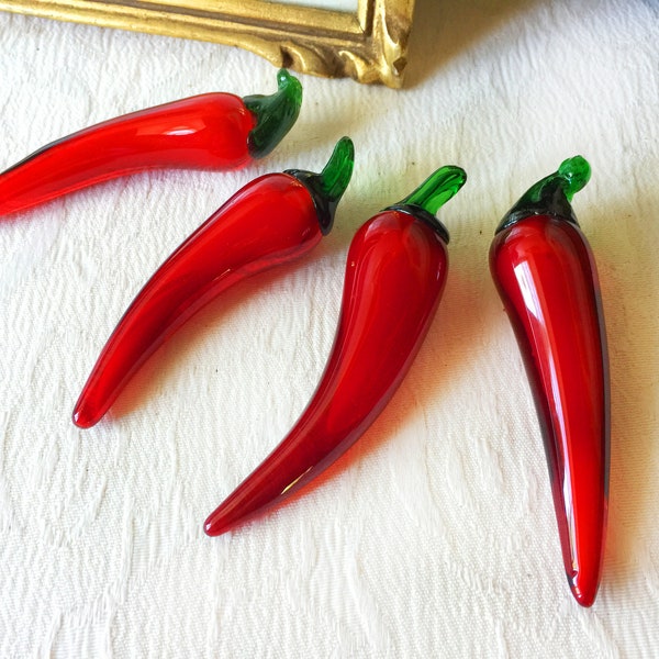 4 porte-couteaux piment Espelette vintage français en verre soufflé, repose-couteaux rouge et vert, décor campagne ferme, Arts de la table