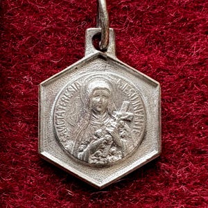 Vintage French Saint Therese Child Jesus Medal, Little Flower Pendant, Lisieux Souvenir Charm