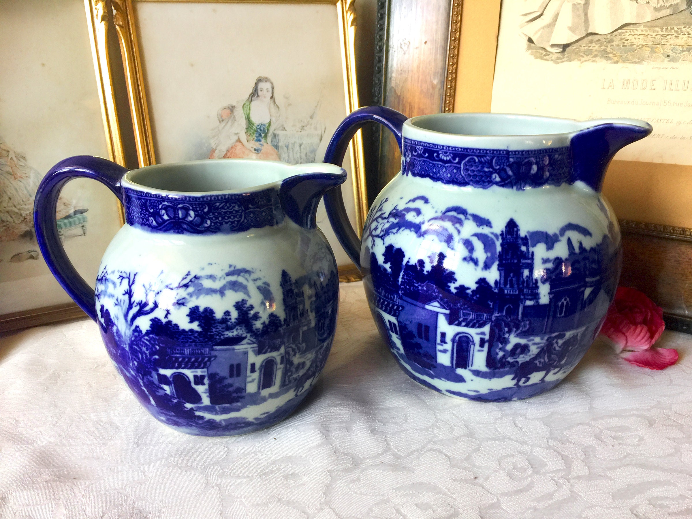 Pichet Carafe à Eau Victoria Ware Bleu en Terre de Fer, Pichet Céramique Vintage Faïence Décor Antiq